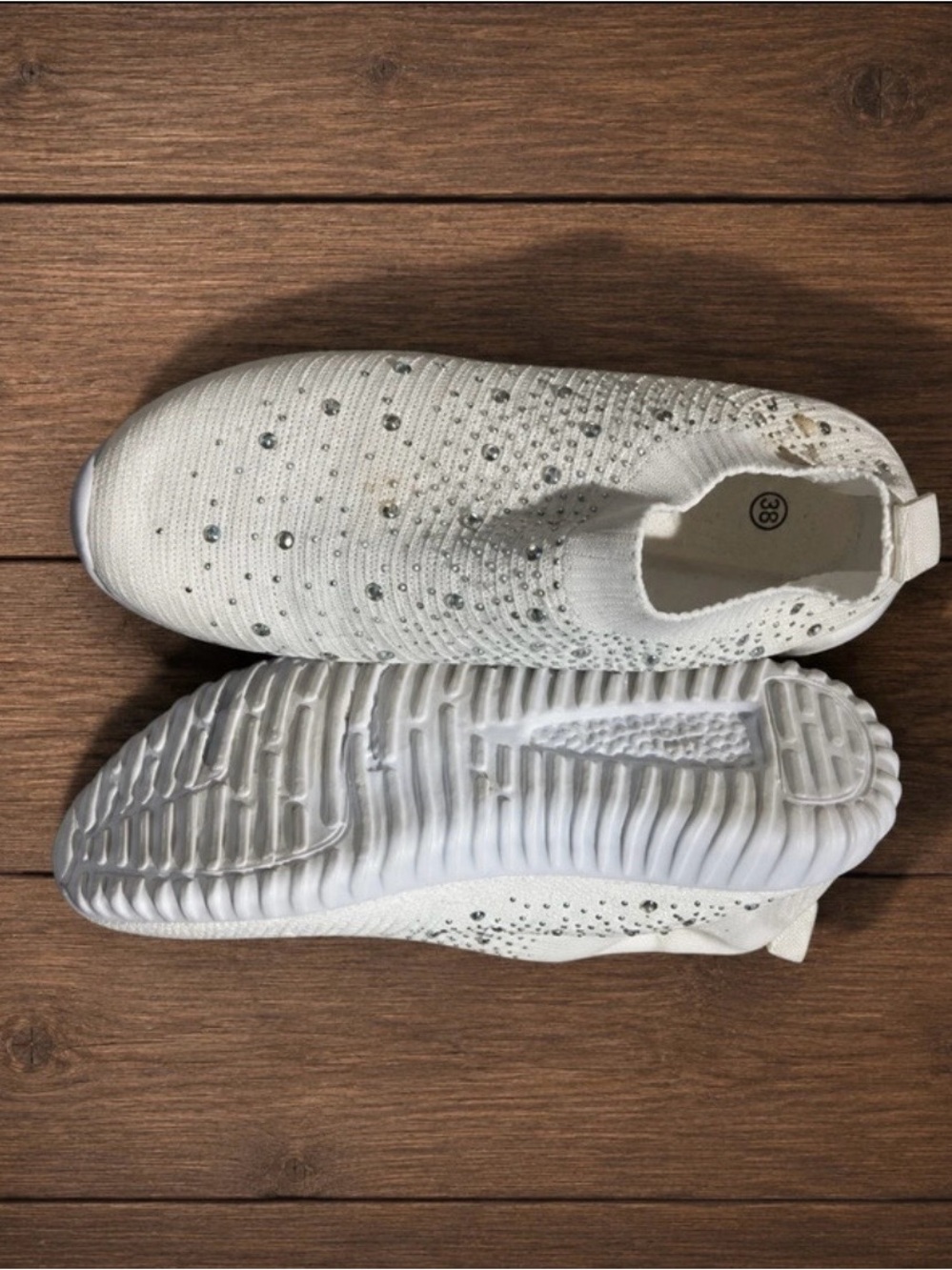 Women's White Slip-On Knit Sneakers with Decorative Rhinestones